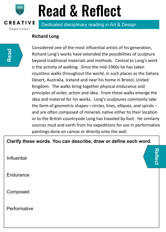 Mr_Hill_DT's tweet photo. Read & Reflect. Promoting a love for reading is crucial. in Art & Design, Year 7 will be reflecting on this text, about the work of acclaimed British artist, Richard Long.
Big Question: Does Art Beat Nature?
#readingforpleasure #disciplinaryreading https://t.co/3Kf7c9PXBj