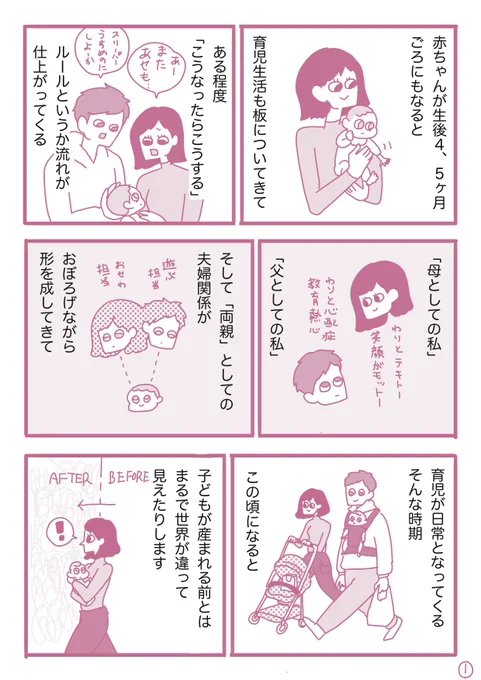 育児について考える漫画、今回は親になると世界がガラリと変わって見える…と同時に、自分らしさがなくなったような感覚に襲われる問題についてです。続きはリプ欄から。 