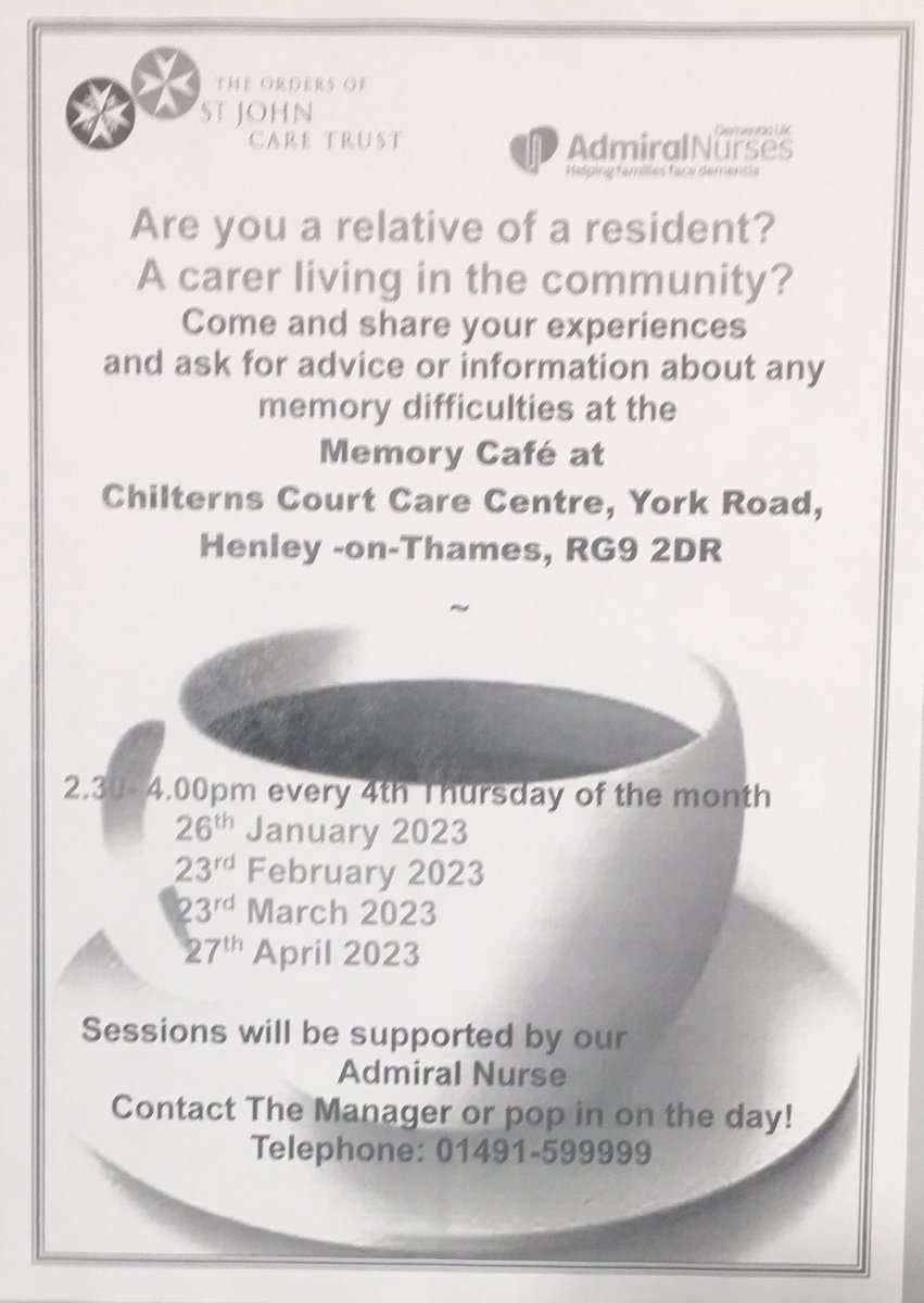 Chilterns Court : Memory Cafe 2:30 pm every Thursday 

Dates : 

26th Jan 
23rd Feb
23rd Mar
27th April

Call 01491 599999 for details or pop in on the day !