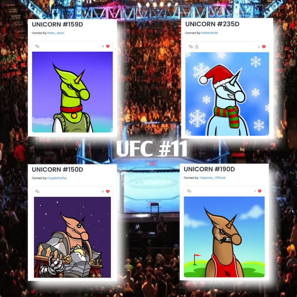 Unicorn_ID_NFT's tweet photo. 🥊 UFC #11 🥊
(UNICORNID FIGHTING CHAMPIONSHIP)

RING B

UNICORN : 
#159D by @SPramurti17
#235D by @pakhunlin
#150D by @Fluffworlds
#190D by @TadpolesOffice

End 24H

VOTE YOUR UNICORN 🦄 AND BE A CHAMPION 🏆

VOTE AT ⬇️👇

#NFT #NFTS #VERTICALNFT #NFTCommunity https://t.co/NRJNQExMhl