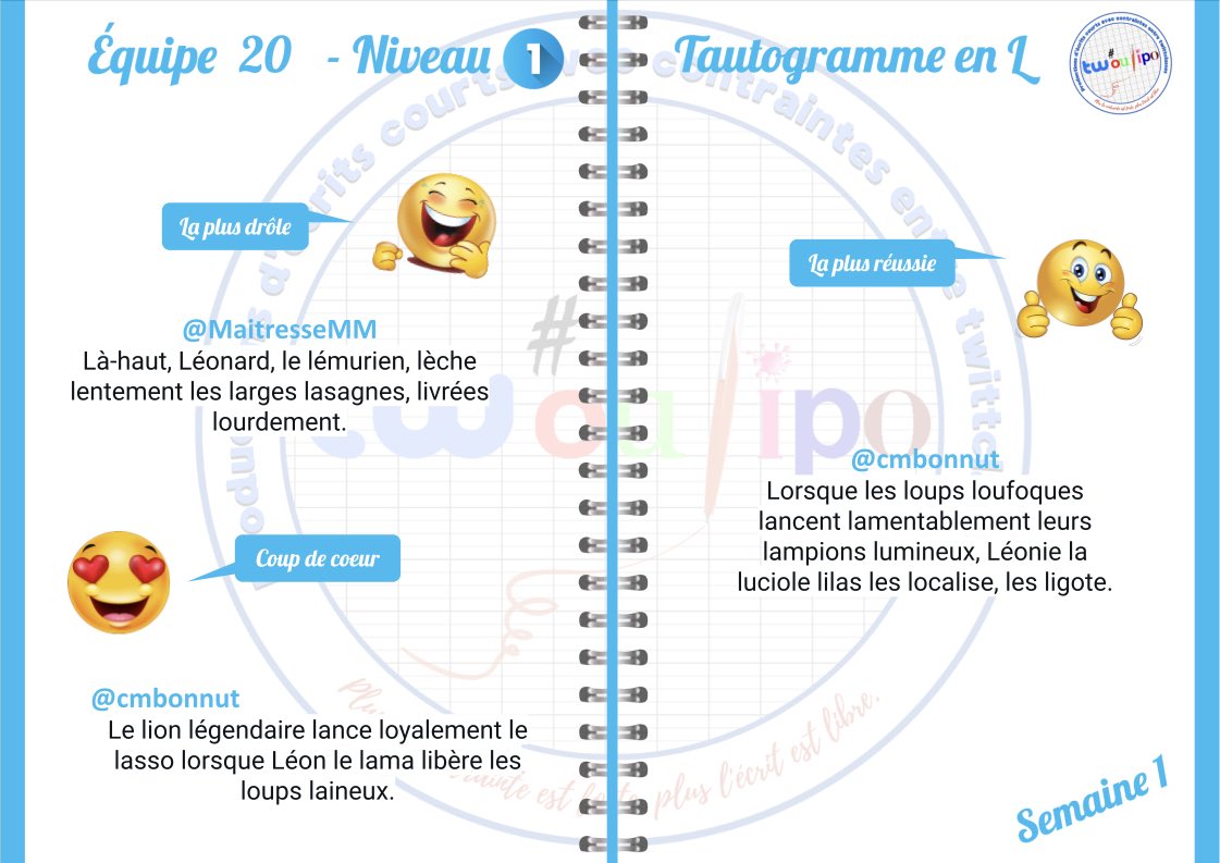 #twoulipo #EQ20 Voici les résultats pour la semaine 1. Bravo aux 6 classes participantes, en particulier aux classes gagnantes avec une mention pour  <a href="/cmbonnut/">Classe de CM du RPI Bonnut-Sallespisse</a> et ce joli doublé !
<a href="/CCe2cm1/">Classe4-CE2CM1-</a> 
<a href="/CM1A_US_EBNOLA/">Les CM1A d'EB Nola</a> 
<a href="/CMWattrelos/">CM2 Wattrelos</a> 
<a href="/stemariecm1cm2/">Ecole Sainte Marie</a> 
<a href="/MaitresseMM/">Maryline MAURER</a>