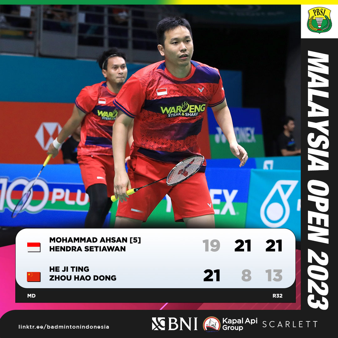 INABadminton's tweet photo. The Daddies raih tiket babak 16 besar usai bermain rubber game. Mantap Ahsan/Hendra!

#PMO2023 https://t.co/Ba5Gtf18Z7