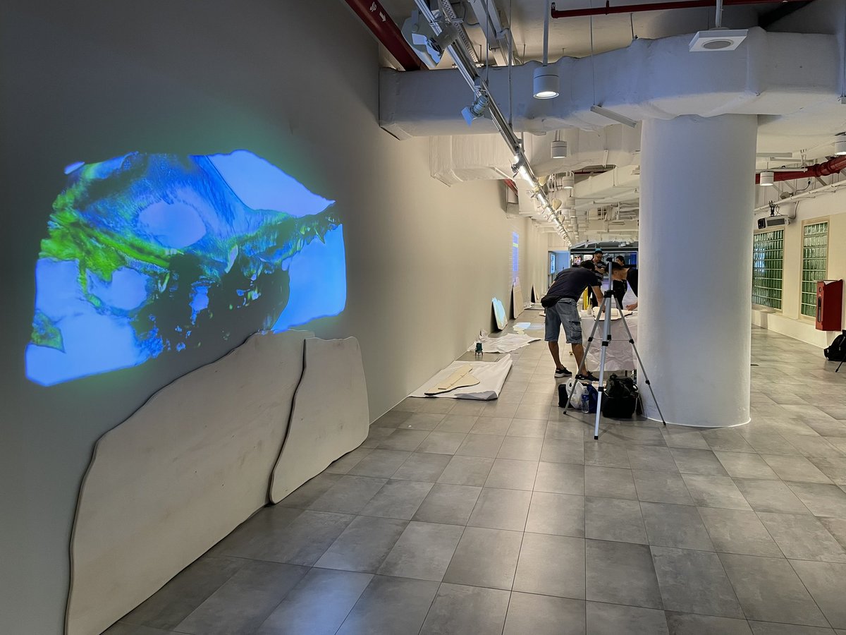 ‘Land-scape,’ commissioned by The Esplanade, Singapore’s national performing arts centre, is my longest installation to date. Set-up in the 85m long tunnel took days, but it’s coming together. #painting #digitalart #contemporaryart #artexhibition 
#phygitalart