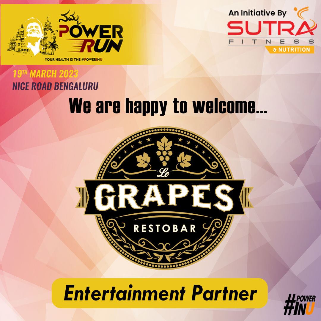 NammaPowerRun's tweet photo. We Heartily Welcome "Le Grapes" as our OFFICIAL ENTERTAINMENT PARTNER
@legrapesrestobar
.

#staytuned #powerinu
An initiative by SUTRA FITNESS
.
.
.
@ashwinipuneeth.rajkumar @prk.productions 
.
.
#powerinu #nammapowerrun #DrPuneethRajkumar
#runmachinesofsutra https://t.co/yW8QtRgS42