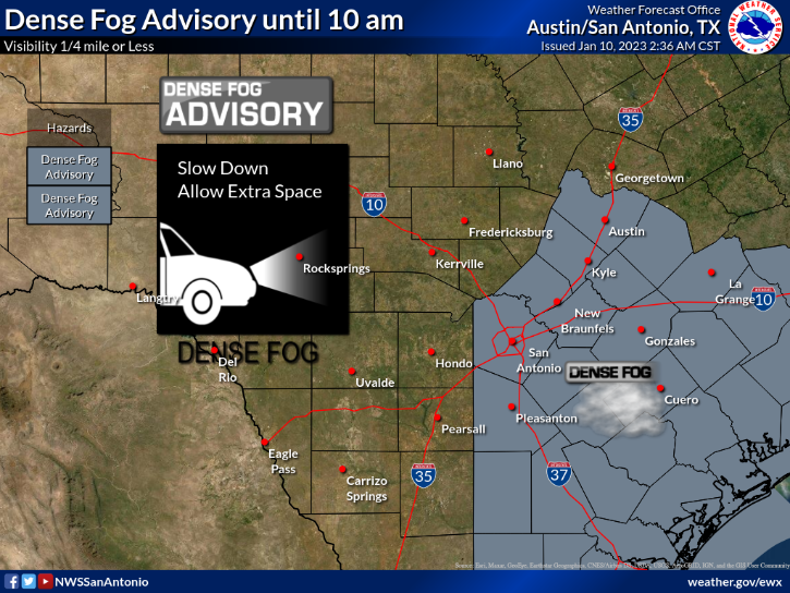 BexarCOSW's tweet photo. Widespread fog out there. Thus, a dense fog advisory is in effect until 10am. #AMCommute
β
Allow extra time for your destination.
β
Leave plenty of space between you & vehicles in front of you.
β
Drive slowly/cautiously.
β
Use low beam/fog lights.
#SATWX #TXWX https://t.co/uIRf5nPN73