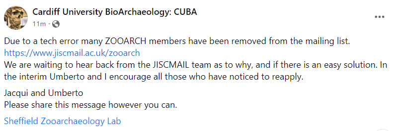 Calling all Zooarchaeologists! Please share the message below with colleagues about the Zooarch listserv

You can subscribe or resubscribe to the listserv at this link here: jiscmail.ac.uk/cgi-bin/webadm… 

If you're interested in zooarch, I highly recommend joining!