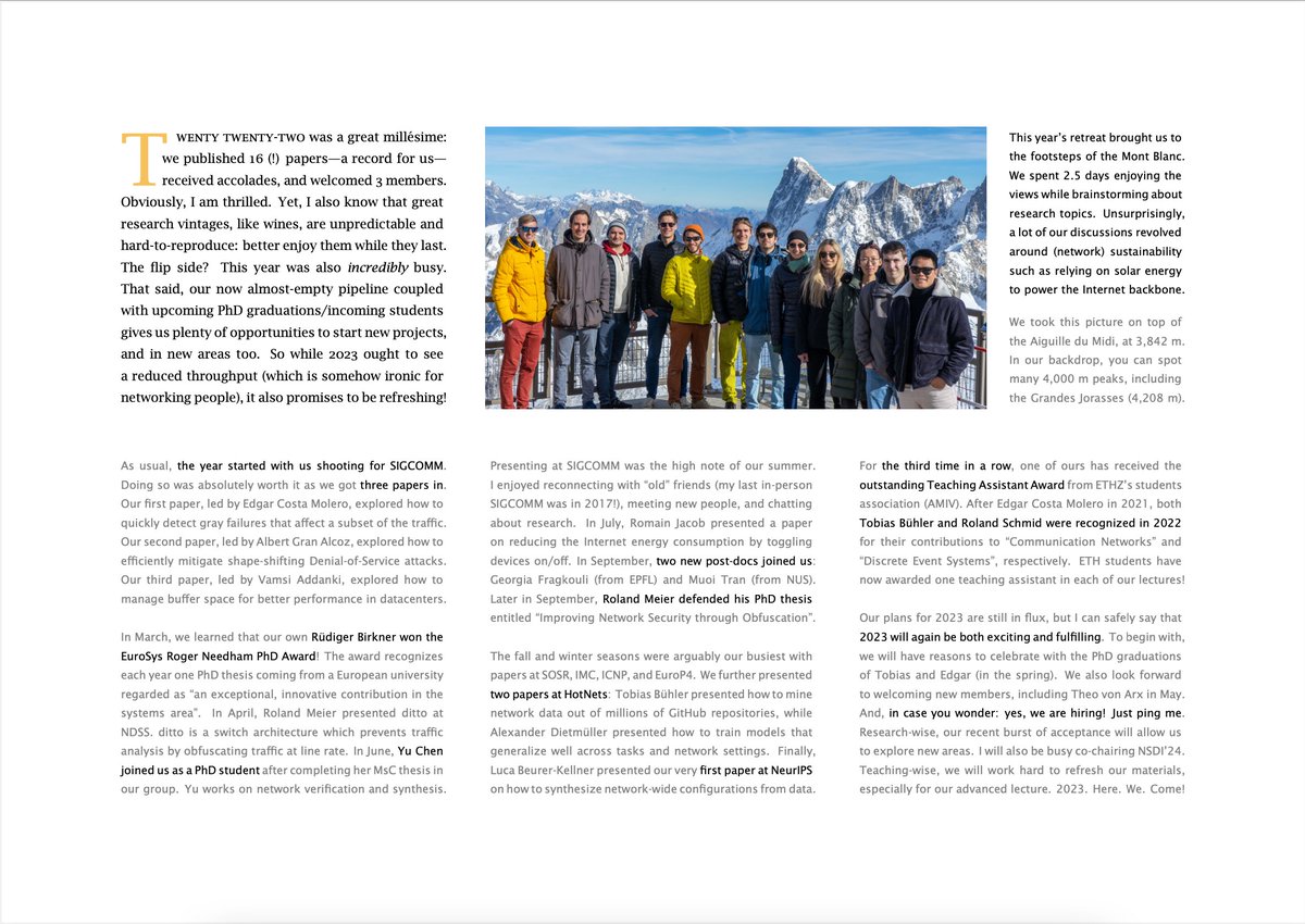 Check out what our research group has been up to in 2022!

I intend to continue perpetuating the tradition of writing one such activity report each year. (And to "loose" a lot time/have a lot of fun optimizing the page layout 🙃.)

👉nsg.ee.ethz.ch/fileadmin/user…