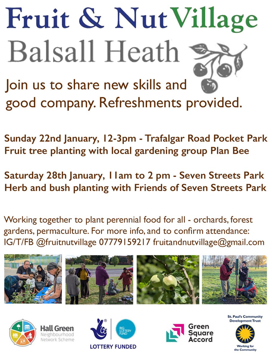 January activities in #FruitAndNutVillage #BalsallHeath. #PlantATreeIn23. Do join us!