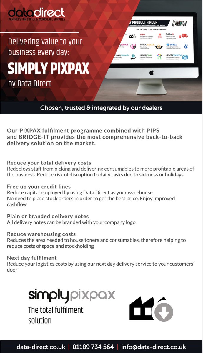 Simply PIXPAX, the total fulfilment solution, by Data Direct - delivering value to your business every day.
Reduce your delivery costs &amp; free up your credit lines.
data-direct.co.uk/partner-progra…
#datadirect #fulfilment #toner #nextday