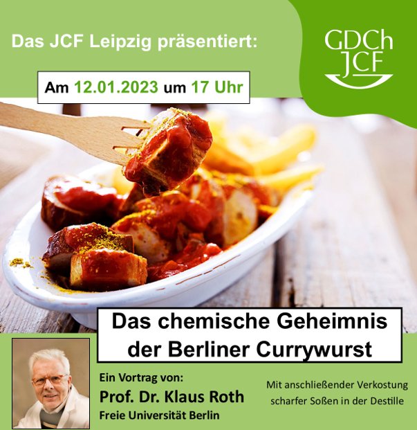 Diesen Donnerstag an der Chemiefakultät Leipzig: Prof. Klaus Roth lüftet das chemische Geheimnis der Berliner Currywurst. Anschließend an die Präsentation gibt es eine Verkostung scharfer Soßen in der Destille. Dabei sein lohnt sich also 🔥🌶️