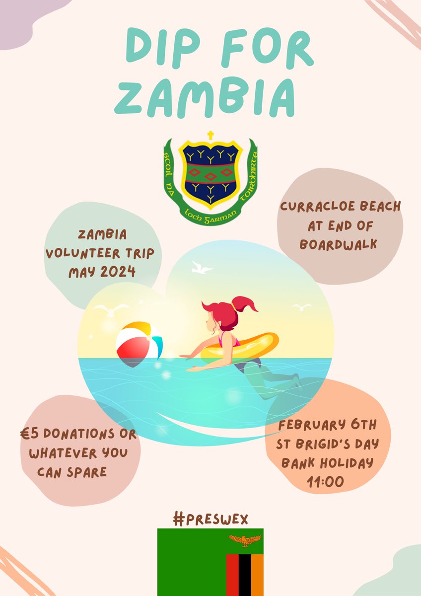 All are invited to join our Dip for Zambia on Bank Holiday Monday February 6th. Brave the cold and bring your friends to Curracloe Beach at 11:00 to support our student volunteers who are raising funds for the Presentation Garden of Oneness in Zambia. #PresWex #Charity #Wexford