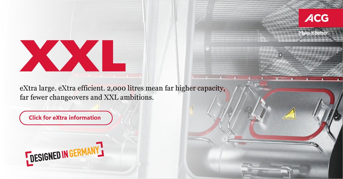 ACGWorld's tweet photo. An extra 2,000 litres makes for fewer changeovers and greater economies of scale. Find out how ACG’s high-capacity machines can help you raise your production game today. Click to download the brochure - https://t.co/pzb97sLk7n
#makeitbetter #acgengineering #pharma #labequipment https://t.co/O5yEwX0b0y