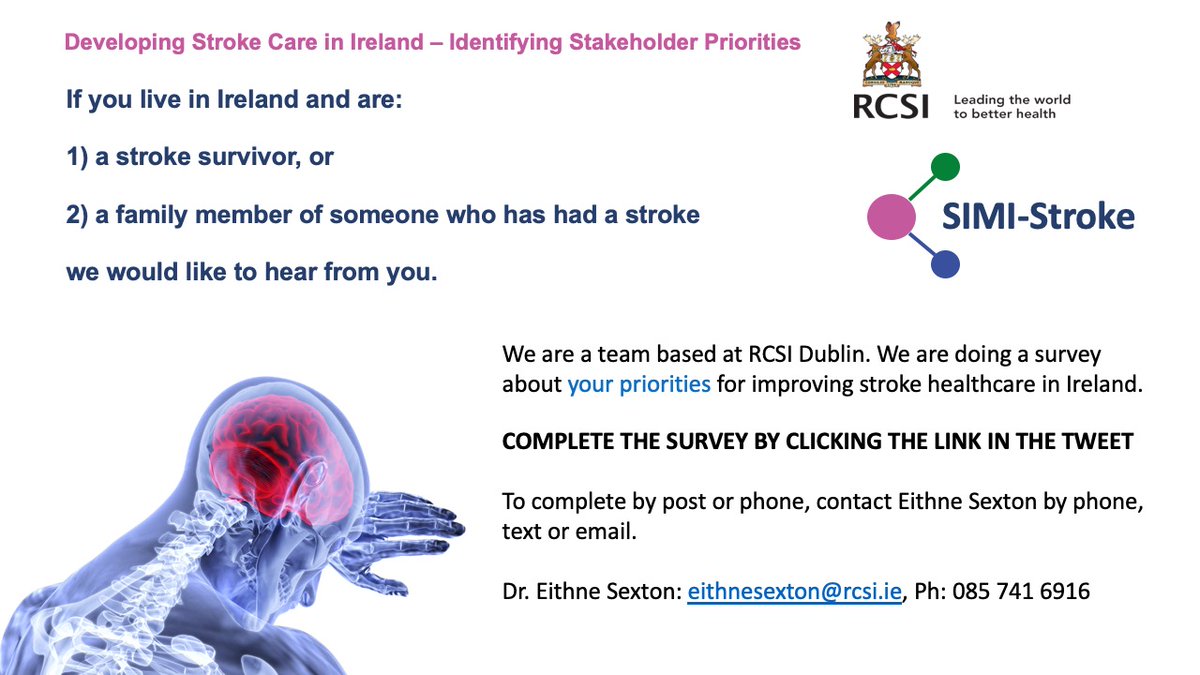 🚨 Calling STROKE SURVIVORS AND
 
🚨FAMILY MEMBERS OR CARERS OF PEOPLE WITH STROKE 

We want to know about your priorities for improving stroke care in Ireland, for a research project 

Complete our survey here: simistrokercsi.qualtrics.com/jfe/form/SV_81…