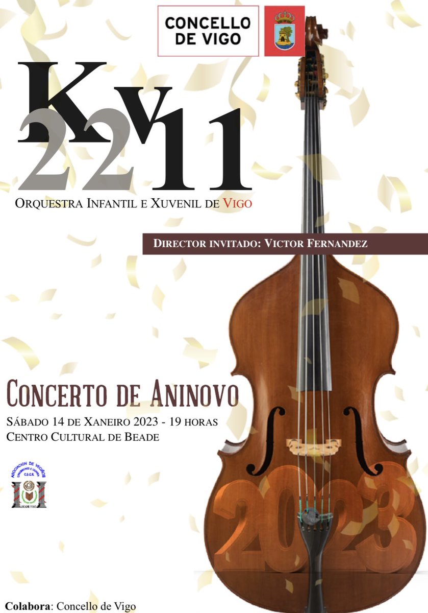 CONCERTO KV2211
Este sábado inauguramos a quenda cultural do 2023 coa Orquestra Kv2211, que será quen de deleitar ao público cun concerto de Aninovo. #Beade #Vigo #Cultura