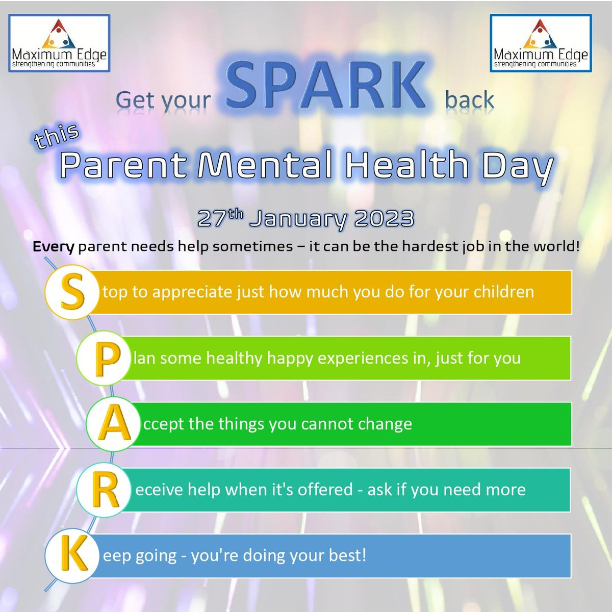 MaxEdgeCIC's tweet image. ** Parent Mental Health Day **
The hardest job in the world?
Get your SPARK back with Maximum Edge CIC

Podcasts, Videocasts, YouTube shorts, Journaling and more from our website: maximumedge.org.uk

#StrengtheningCommunities