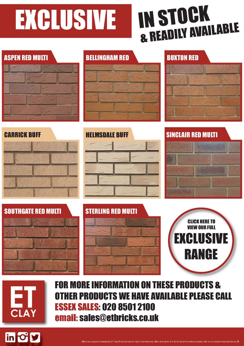 🧱 EXCLUSIVE BRICKS 🧱 IN STOCK &amp; AVAILABLE 

🔴 Aspen Red Multi 🔴 Bellingham Red 
🔴 Buxton Red 🟠 Carrick Buff 
🟠 Helmsdale Buff 🔴 Sinclair Red Multi 
🔴 Southgate Red Multi 🔴 Sterling Red Multi 

Essex Sales: 020 8502 2100 
West Midlands Sales: 0121 351 5991 

#etclay
