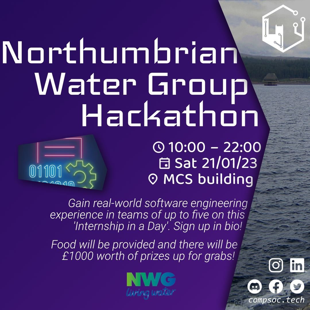 Looking forward to our #Hackathon with local partners @NorthumbrianH2O and @ducompsoc on Sat 21/01. First one of the New Year! Want to help design real software solutions for the water industry? Sign up below 🔽 @careersatdurham @comp_sci_durham