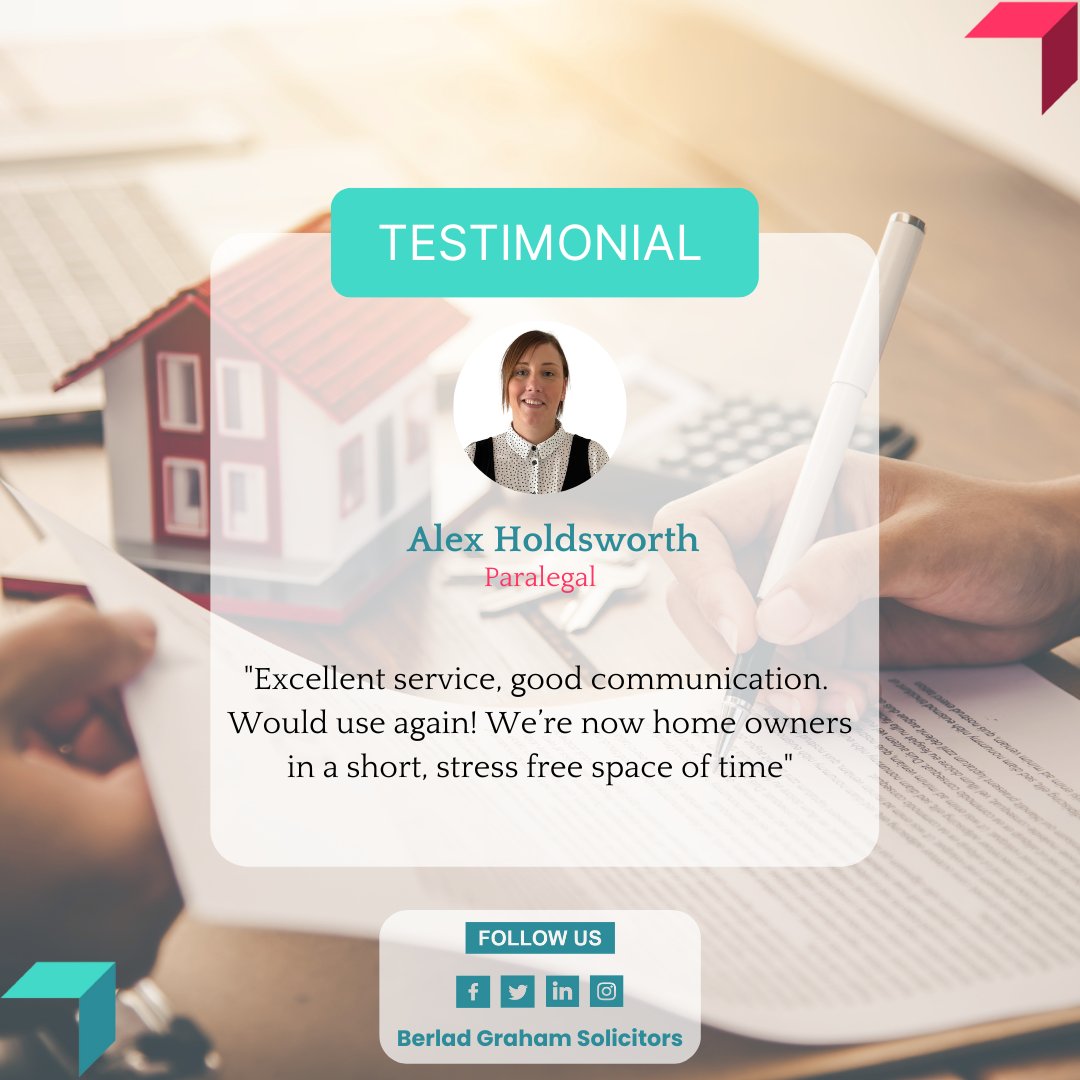 Testimonial Tuesday. 

Lovely client feedback who used our Residential Property services. Well done Alex 🙂 

#BerladGrahamSolicitors #buyingandselling #buyingahouse #sellingahouse #leaseextension #landlorddispute #Mortgageapplication #cumbria #QualifiedSolicitor #legalhelp