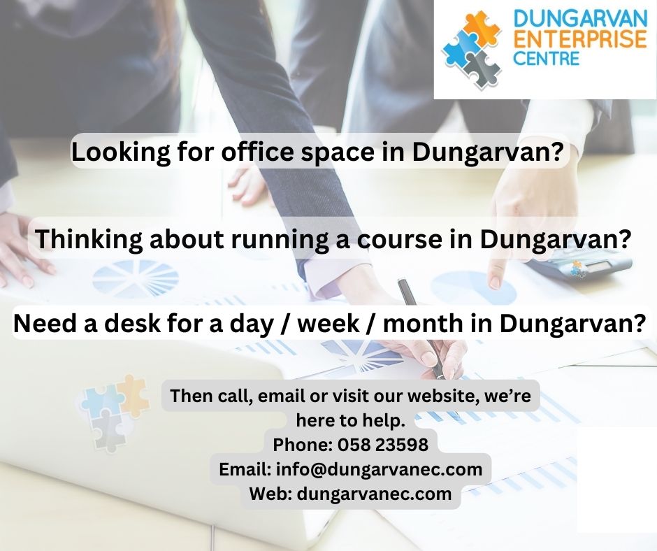 Looking for office space in Dungarvan?
Contact us here at Dungarvan Enterprise Centre on Lower Main Street, Dungarvan.
#Dungavan #Coworking #hotdesk #officespace #office #Waterford #officerental