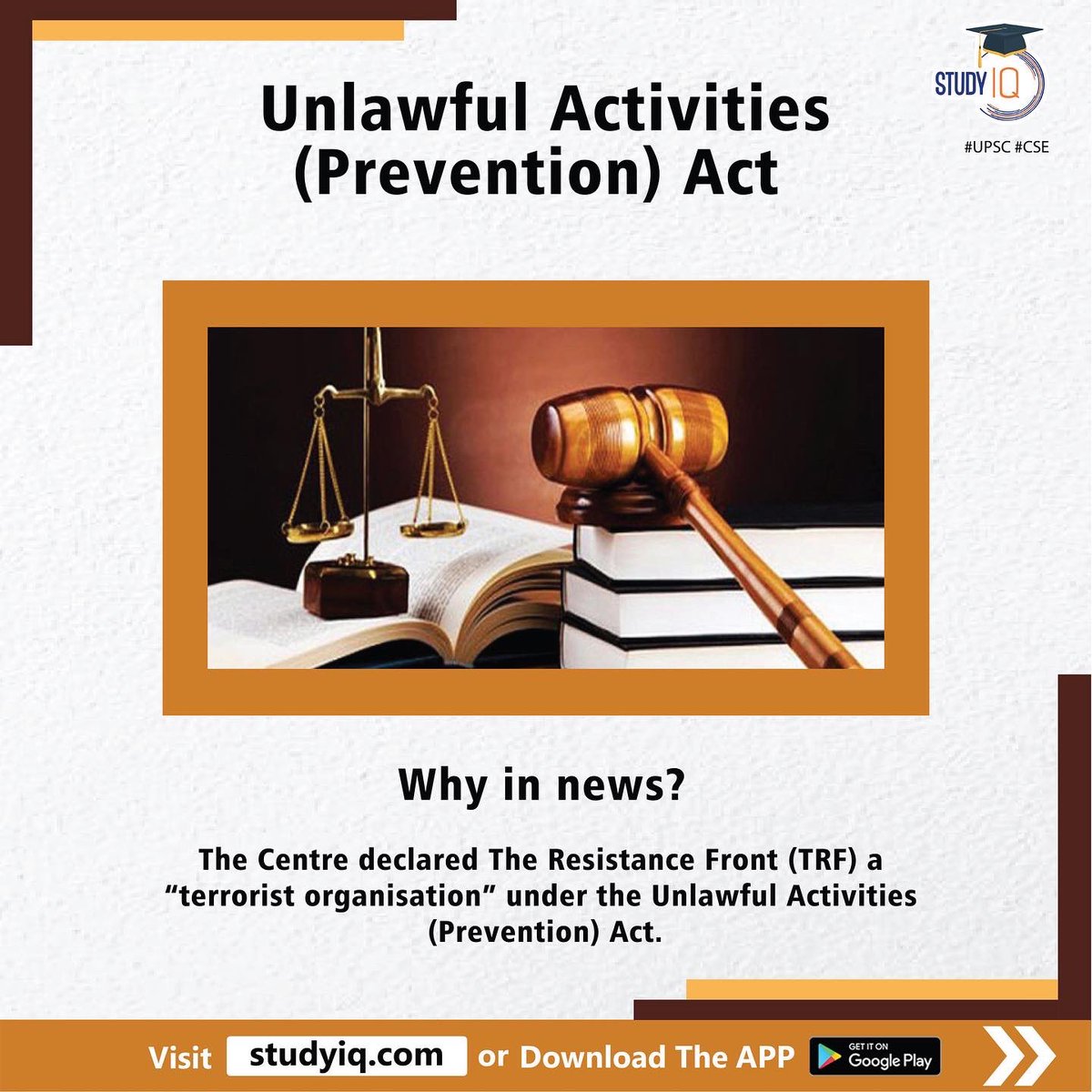 upsciq's tweet photo. Unlawful Activities (Prevention) Act
#unlawfulactivitiesact #preventionact #whyinnews #theresistancefront #trf #terroristorganisation #uapa #uapaaims #india #terroristact #court #outsideindia #officialgazette #centeralgovernment #upsc #foreignland #cse #ips #ias https://t.co/BR68h3TD5q