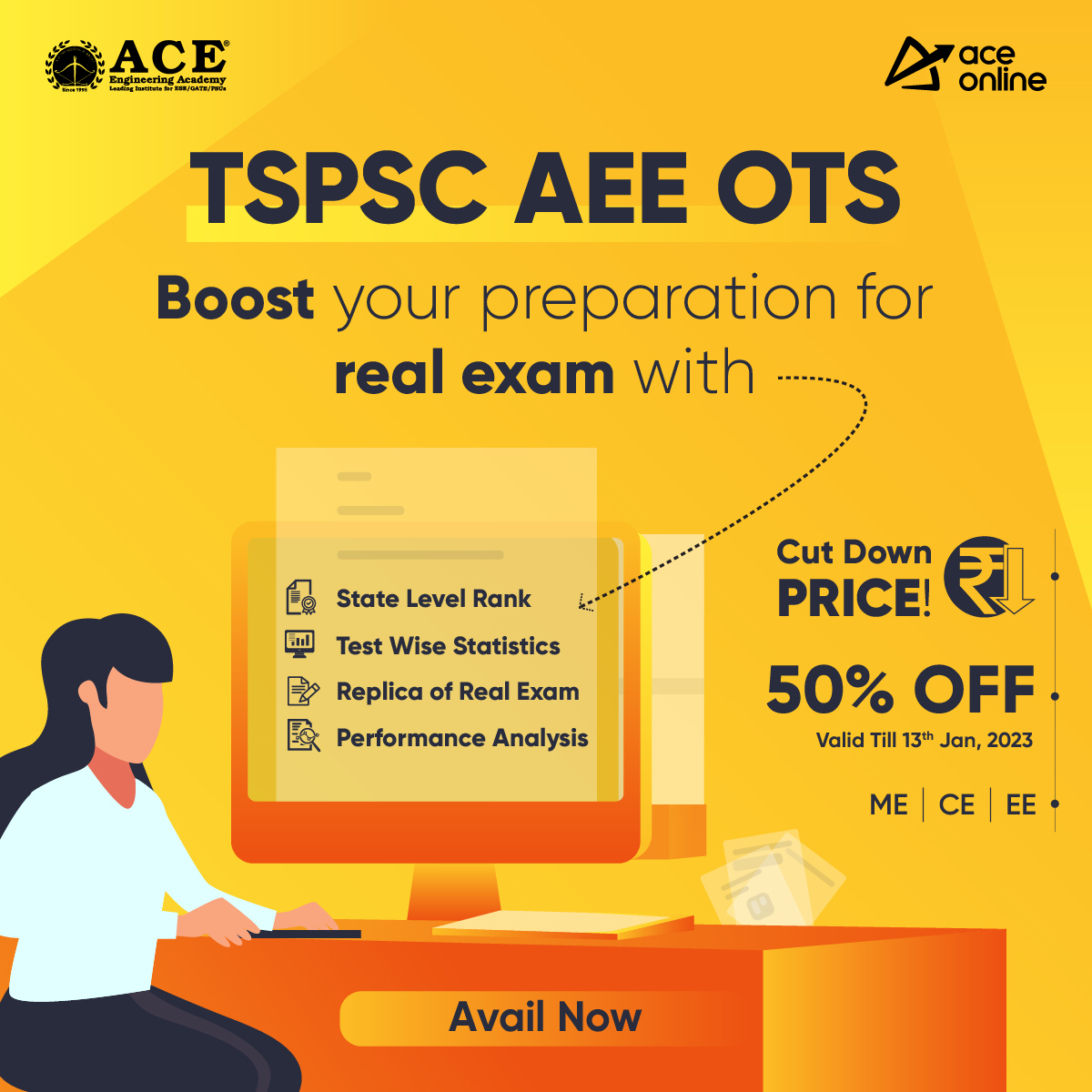 ACE_Enggacademy's tweet photo. TSPSC AEE Online Test Series
Streams: ME | CE | EE
Avail 50% off (valid till 13th Jan'23)
View Details: https://t.co/8onbhVqTkv
Contact: +91 7799996602
Email: help@ace.online

#TSPSCAEE #OnlineTestSeries #RealTimePreparation #GetOffer #TSPSCAEEExamPattern https://t.co/uNUGdizTzA