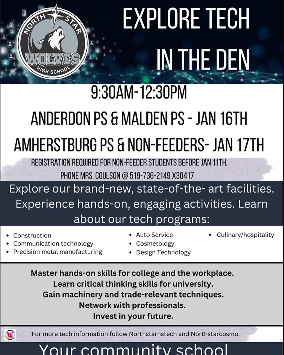 Grade 8 Tech Day is just around the corner! 
Those students from French or Catholic schools please sign up by contacting Mrs. Coulson at 519-736-2149 ext 30417 by the end of this week if you would like to attend. <a href="/RTT_Amherstburg/">River Town Times</a> <a href="/Aburg_TownHall/">Town of Amherstburg</a> <a href="/ron_leclair/">Ron LeClair</a>