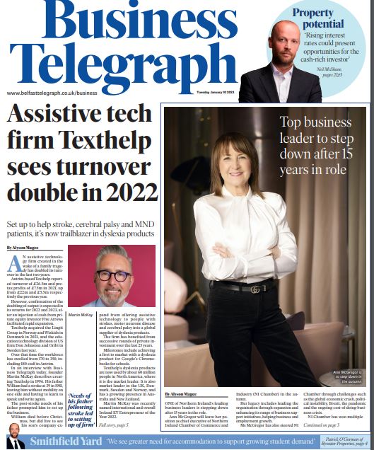 In this week's Bus Tel, @AlysonLMagee talks to <a href="/martinmckay/">Martin McKay</a> of Texthelp, <a href="/inpriouk/">@inpriouk</a> on 2022 retail renaissance, <a href="/NIChamber/">NI Chamber</a> leader Ann McGregor to step down, new student accommodation for Belfast city centre &amp; <a href="/PaulGosling1/">Paul Gosling</a> on NI's productivity puzzle
