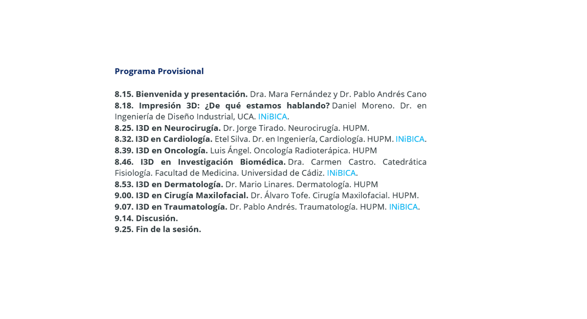 El viernes 20 de enero se celebrará una sesión clínica  sobre las posibilidades de la #impresion3D hospitalaria de 8:15 a 9:30h en el salón de actos del <a href="/HUPMCadiz/">HospitalPuertadelMar</a>, con la participación de #investigadores #INiBICA ¡Te esperamos! #salud  #innovacion #cadiz 

<a href="/univcadiz/">Universidad de Cádiz</a> <a href="/saludand/">Consejería de Sanidad, Presidencia y Emergencias</a>