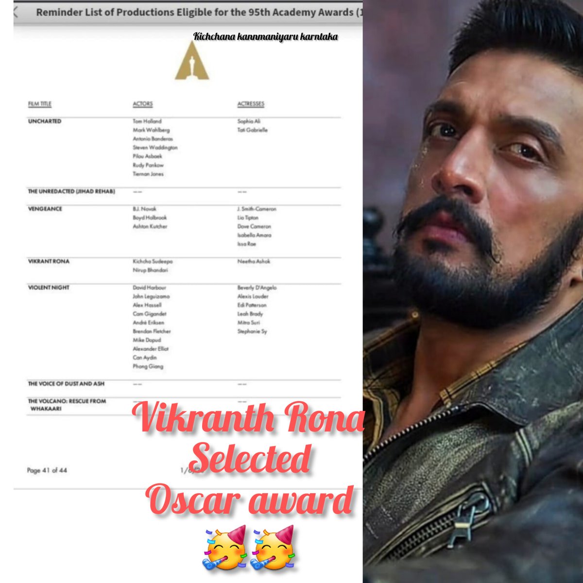KicchaSudeepFC_'s tweet photo. Namma @KicchaSudeep anna namma hemme @VikrantRona selected Oscar award😍🥳🥳
@KicchaSudeep @iampriya06 @iamsanvisudeep @anupsbhandari @nirupbhandari @neethaofficial @KSCS__Official #kichchanakannmaniyaruka
#kichcha #kichchasudeepa https://t.co/FLisS8NNLE