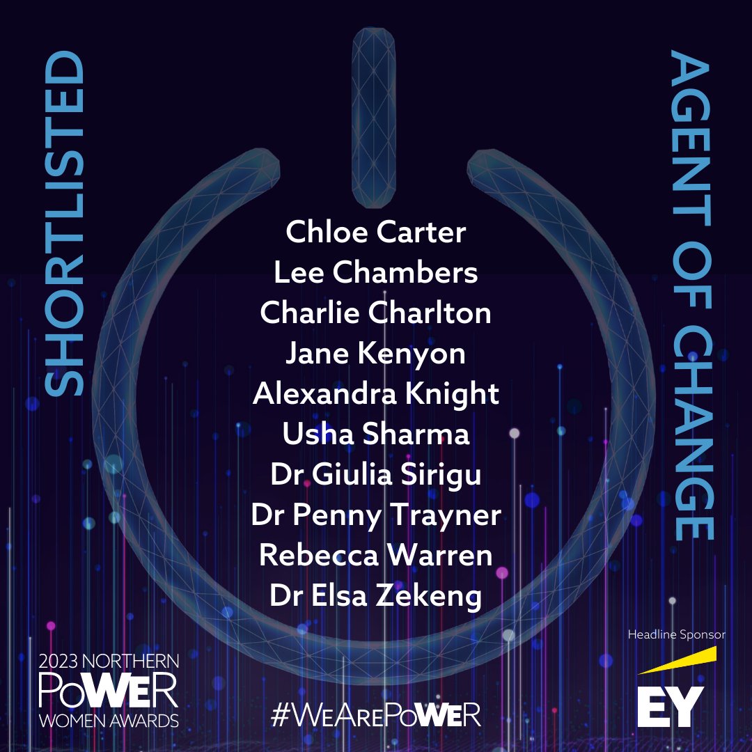 wearepower_net's tweet photo. Shortlist announcement: Northern Power Women Awards 2023, sponsored by @EY_UKI 

Agent of Change Award Category

Congratulations to all who have made the shortlist! 

#NPWAwards #WeArePower https://t.co/KF33w7FgcE