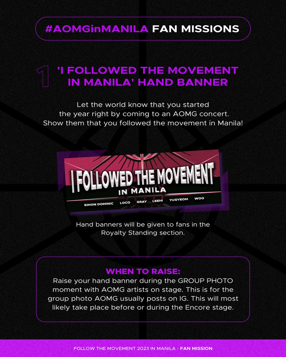 a6ovecrewmnl's tweet photo. 📢 Let's make AOMG's first concert here in Manila a night to remember! Take a look, keep in mind, and participate wholeheartedly in the fan missions we have prepared before and during the show! Please be guided by the instructions below! 

#AOMGinMANILA #AOMGWORLDTOUR2023inMNL https://t.co/2IZLzmSaU1