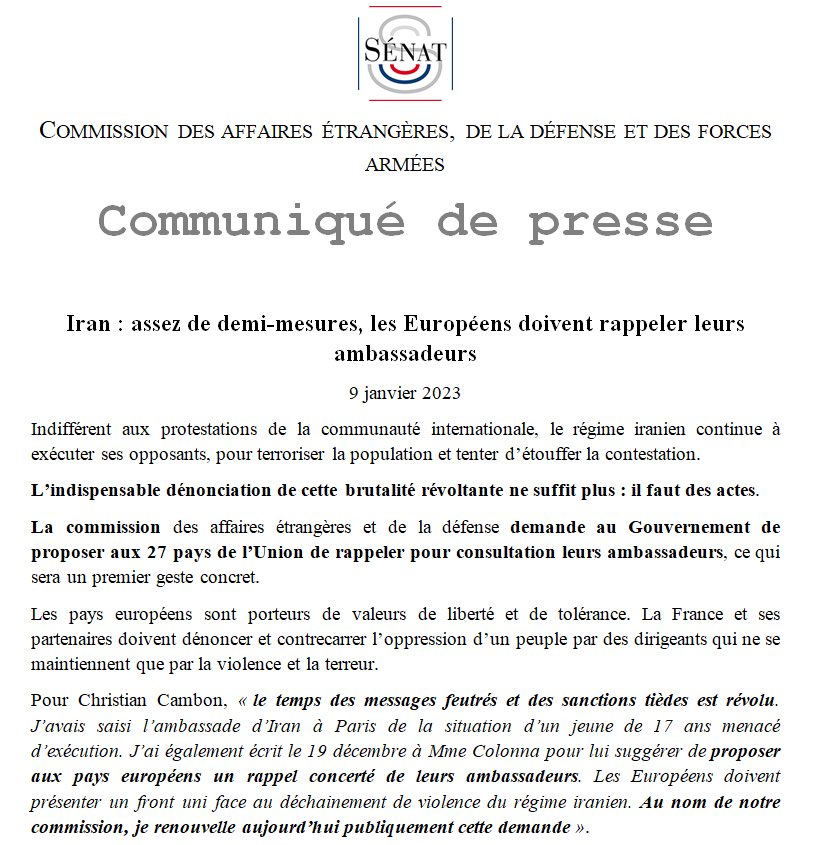 gerard_larcher's tweet photo. #IRAN : assez de demi-mesures ! Les européens doivent rappeler leurs ambassadeurs. Les exactions du régime iranien, qui reste sourd à la révolte de son peuple, imposent des réponses diplomatiques qui se font attendre. @ChCambon @Senat https://t.co/Td2PE4rOv1