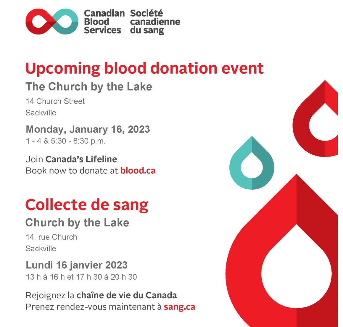 Blood donation event Monday, January 16, 2023 at the Church by the Lake (14 Church Street). Hours are 1-4pm and 5:30-8:30pm. You can book to donate at blood.ca.
