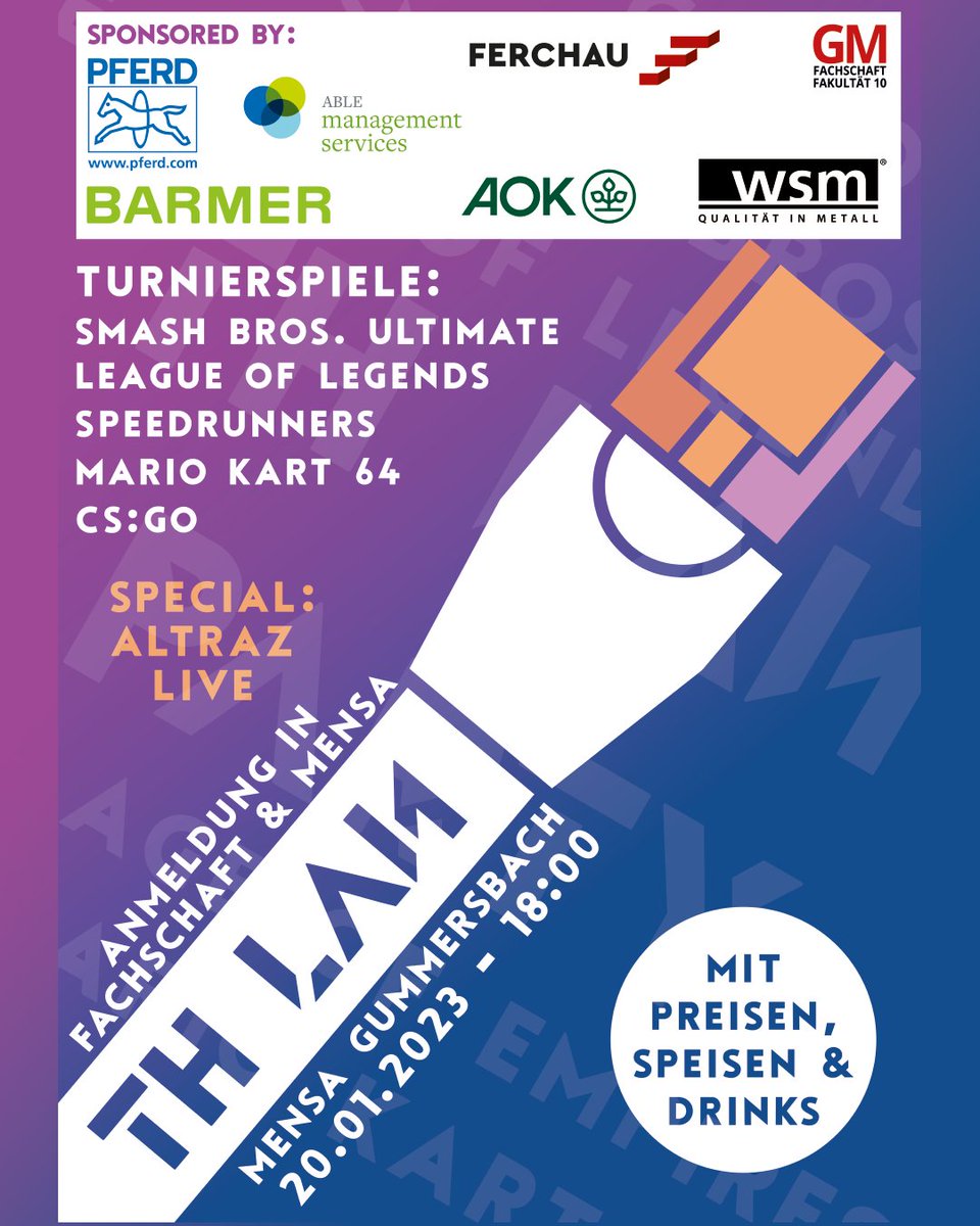 <a href="/FachschaftGM/">Fachschaft GM</a> Diese Woche ist Endspurt für die Anmeldungen. Jetzt im Fachschaftsraum anmelden!
LAN-Discord: discord.gg/ZEGMyFzeGF
Infos: fachschaftgm.de/events/lan-par…
<a href="/sparkasse/">Sparkasse</a> <a href="/NintendoDE/">Nintendo DE</a> @LANG_AG <a href="/mindsquare/">mindsquare</a> <a href="/AOKRH/">AOK Rheinland/Hamburg</a> <a href="/BARMER_NRW/">BARMER NRW</a> <a href="/FERCHAU/">FERCHAU</a>