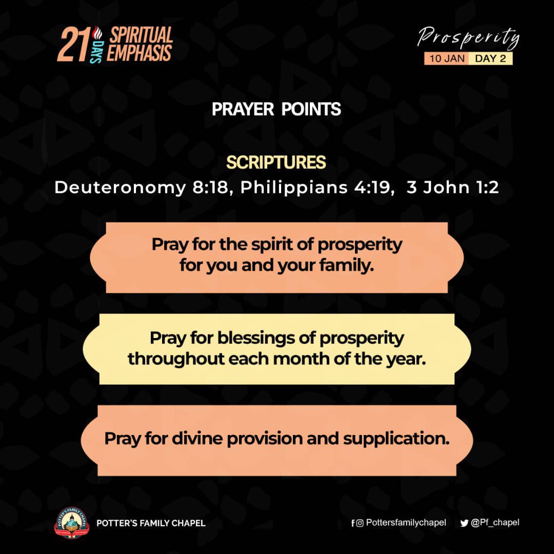 PF_chapel's tweet photo. It is God who gives us power to make wealth. He reveals  powerful ideas, visions, connections and systems to prepare us for a divine assignment. Good morning 🙏🏾
#Day2of21
#SpiritualEmphasis
#21daysFastingandPrayers
#PottersFamilyChapel https://t.co/Bo6yp2V6po