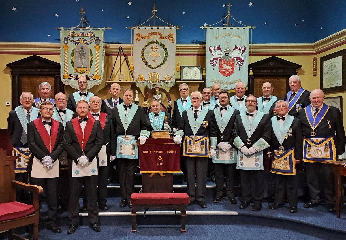 Raygu3's tweet image. Lodge of Perpetual Friendship installation last evening. Good ceremony by outgoing Master Gary Boon who has done a great job for three years. Excellent presentation of the tools by Stewards in the photo, Craig, Kyle and Claus. Congrats to new WM Norman Hucker.
