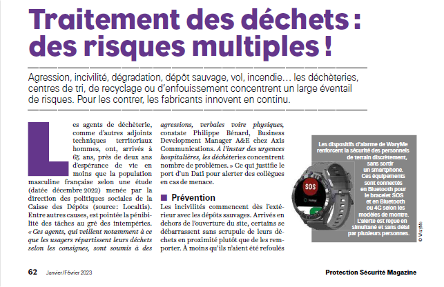 🙏 à PSM Magasine pour son focus sur nos DATI
qui équipent les agents de déchèteries des collectivités clientes de <a href="/symetri_applis/">SYMETRI</a>
Lancer 1 alerte en cas d’accident, de malaise ou d’agression = 1 dispositif nécessaire pour un travail dans 1 environnement potentiellement à risques