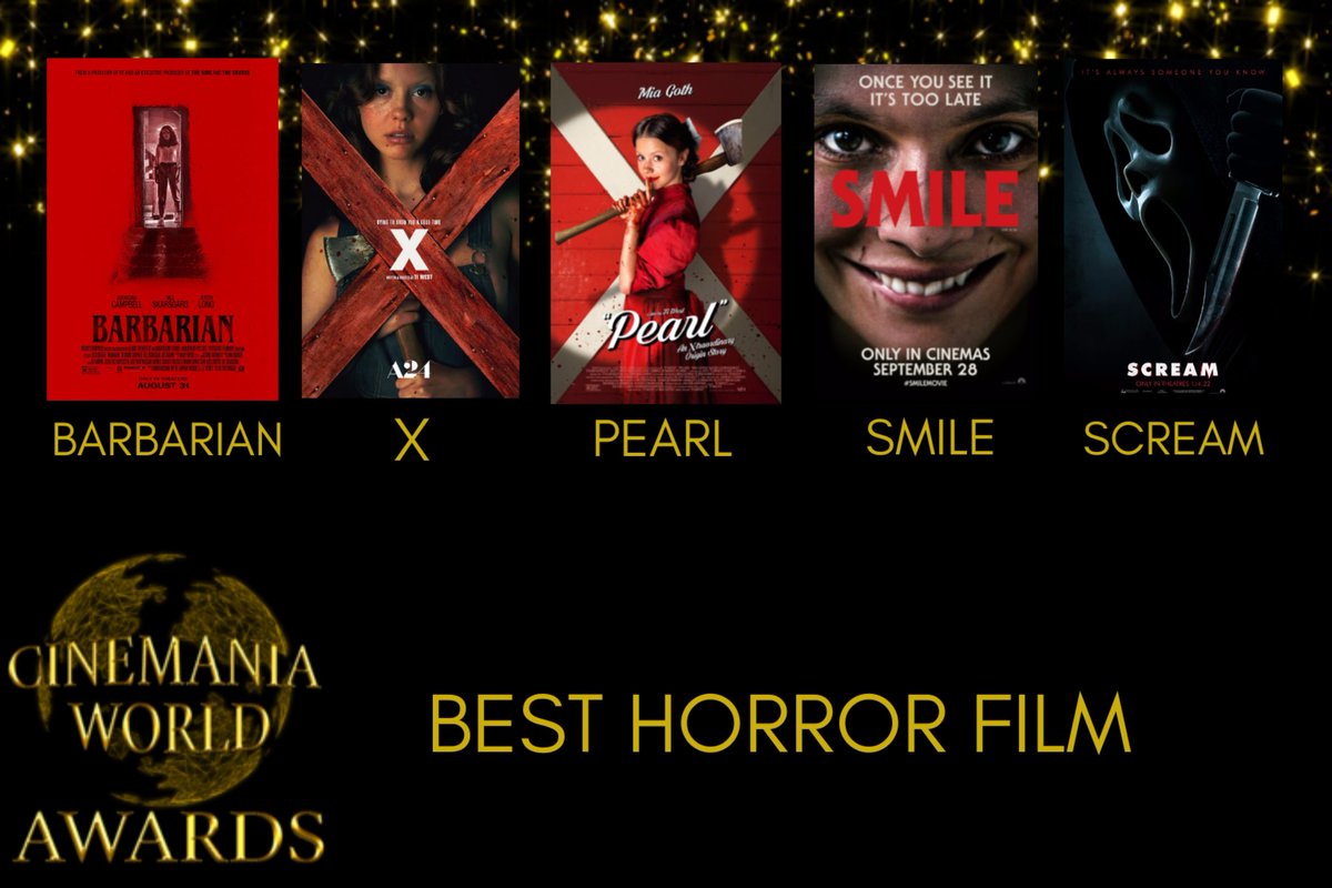 5th Annual #CinemaniaWorldAwards Nominations!

'Best Horror Film'

#Barbarian 
#X
#Pearl
#Smile
#Scream 

Vote for your favorite below!