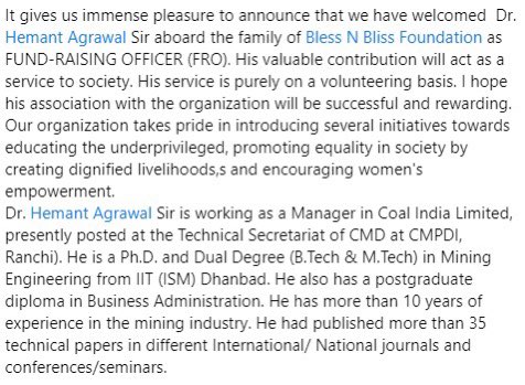 AkramuddinMd's tweet photo. Dr. Hemant Agrawal sir joined @bless_n_bliss as Fundraising Officer (FRO) 😊 https://t.co/NEau1BULHe