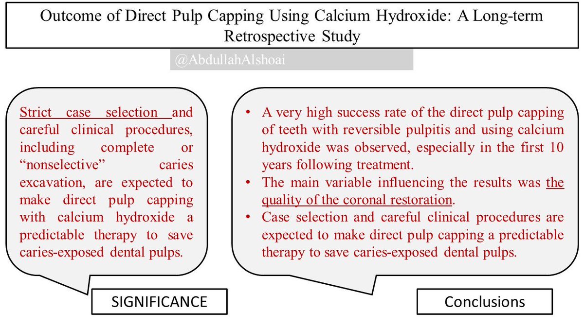 #Dental_updates 

Outcome of Direct Pulp Capping Using Calcium Hydroxide: A Long-term Retrospective Study

J Endod 2023;49:45–54