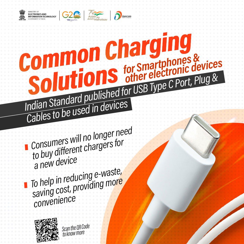 GoI_MeitY's tweet photo. Indian Standards for USB Type C ports, plug and cables published. It would provide common charging solutions for the smartphones and other electronic devices sold in India. #DigitalIndia #Chargers @IndianStandards https://t.co/YLOe3LJYXa