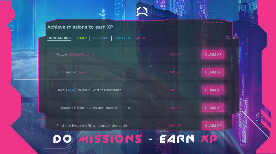 MISSION AND XP OVERVIEW! 🤖 ⏩ 

Missions reward users with XP points. XP points can be used to unlock WL and upgrade the NFT's level (design+metadata). Crazy shit, isn't it?!

Already more than 4k unique wallets earned XP!
Start earning yours now!

Short thread ⬇️ #CapsClubDaily