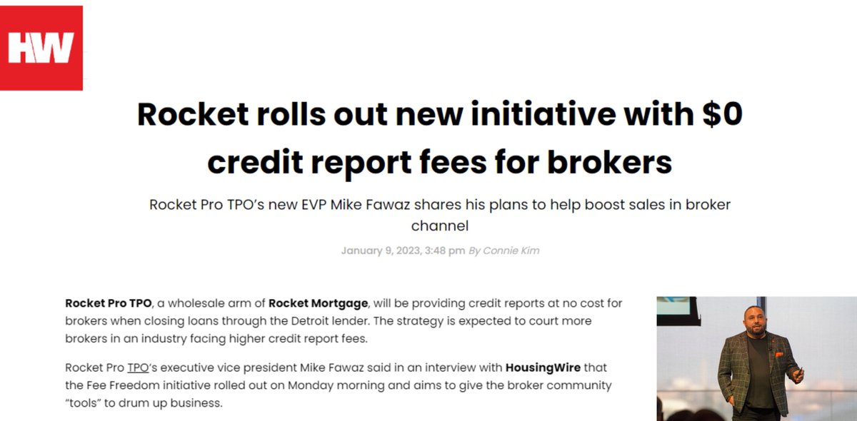 mikefawaz's tweet photo. Rocket rolls out new initiative with $0 credit report fees for brokers! FEE FREEDOM! 🔥🚀🇺🇸💲 
Read the full article here: https://t.co/0KZKlLuolx
#RocketProTPO #RKT #RocketMortgage #onewayticket #LetsDialItUp #Partner #BrokerPartner #Partnership #Mortgage #FeeFreedom https://t.co/R3Goe3QwHS
