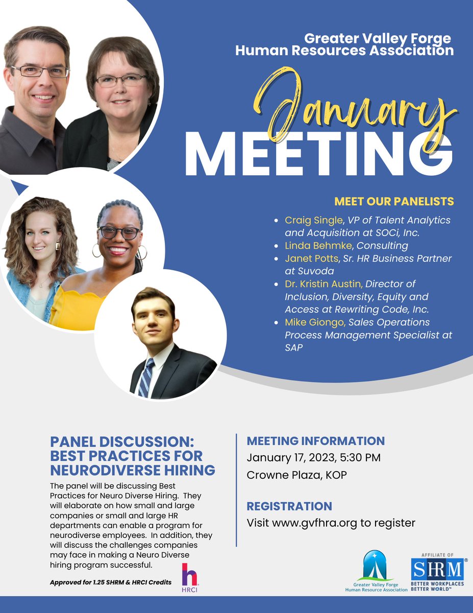 gvfhra's tweet image. Our first meeting of 2023 is only 1 week away! Join us for an expert lead panel discussion on neurodiversity. Head over to gvfhra.org to register. 
#HRnetworking #neurodiversity #SHRM