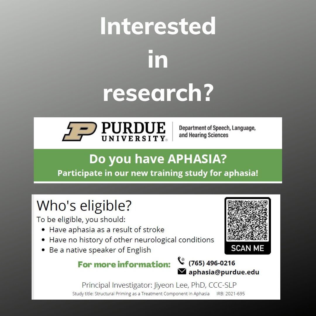 Watch our new video to learn more about our research and how you can participate! 
youtu.be/8H6AwIJ7Apg
Questions? Email: aphasia@purdue.edu 
or call 765-496-0216
#aphasia #stroke #research #Purdue #nationalaphasiaassociation #aphasiaawareness