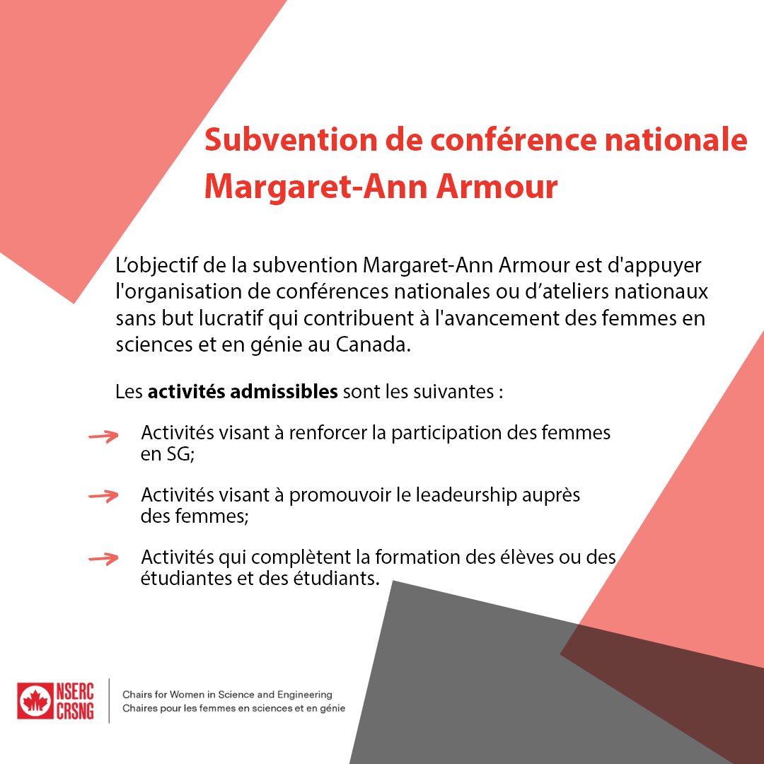 📣 GRANT ALERT! The Dr. Margaret-Ann Armour National Conference Grant is funded by the NSERC Chairs for Women in Science and Engineering Network. The grant is accepting submissions between JANUARY 7-15 2022. Click the link for more information! stem-inclusion-stim.ca/funding/