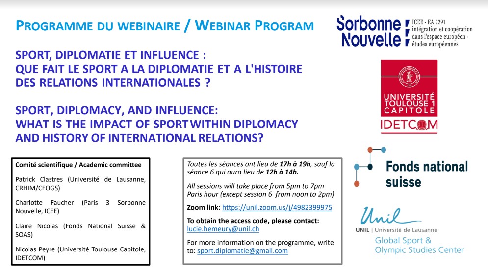 ICA Public Diplomacy Interest Group (@ica_pd) on Twitter photo Join Patrick Clastres, <a href="/Cha_Faucher/">Charlotte Faucher</a>, Claire Nicolas, & Nicolas Peyre, among other colleagues, on Jan 23 to discuss sport, diplomacy, & influence.
What is the impact of sport within diplomacy & the history of international relations? Join Patrick Clastres, <a href="/Cha_Faucher/">Charlotte Faucher</a>, Claire Nicolas, & Nicolas Peyre, among other colleagues, on Jan 23 to discuss sport, diplomacy, & influence.
What is the impact of sport within diplomacy & the history of international relations?