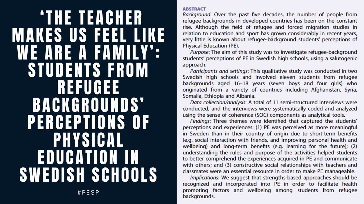 Physical Education and Sport Pedagogy (@sport_pedagogy) on Twitter photo Open Access: ‘The teacher makes us feel like we are a family’: students from refugee backgrounds’ perceptions of physical education in Swedish schools. #PESP
Authors Erica Cseplö et al.
<a href="/tandfsport/">Routledge Sport, Leisure, and Tourism</a>. <a href="/afPE_PE/">Association for Physical Education</a>.
tandfonline.com/doi/full/10.10… Open Access: ‘The teacher makes us feel like we are a family’: students from refugee backgrounds’ perceptions of physical education in Swedish schools. #PESP
Authors Erica Cseplö et al.
<a href="/tandfsport/">Routledge Sport, Leisure, and Tourism</a>. <a href="/afPE_PE/">Association for Physical Education</a>.
tandfonline.com/doi/full/10.10…