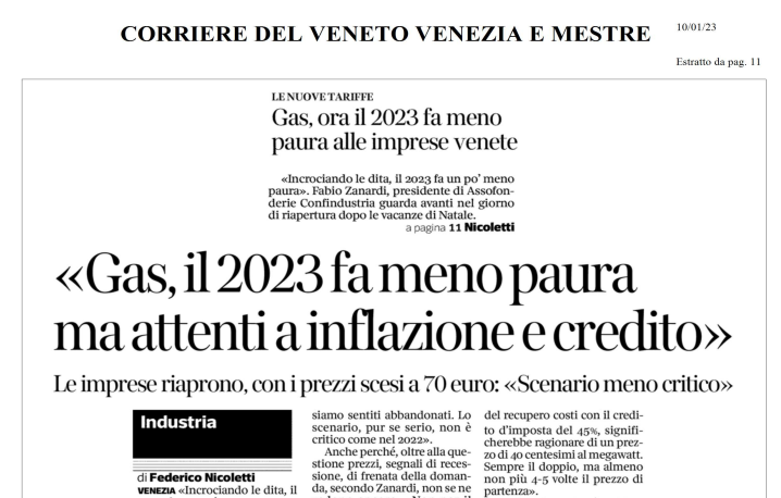 Assofond's tweet photo. "Incrociando le dita, il 2023 fa un po' meno paura". Ne parla il presidente di #Assofond, Fabio Zanardi, intervistato da Federico Nicoletti sul Corriere de Veneto #fonderie #commodity #energia #gas #Veneto #Industria @zaiapresidente @confindustria @CarloBonomi_ @ConfVeneto https://t.co/ivOKZj3m4M