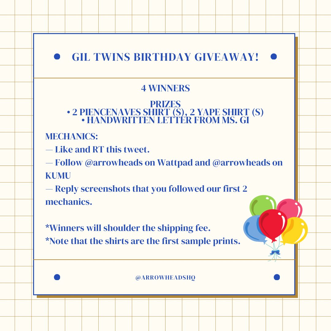 arrowheadsHQ's tweet photo. In celebration of Gil Twins birthday, we will be giving away 2 Piencenaves (S) and 2 Yape  (S) Shirts.

— To join the giveaway, simply follow the mechanics below. 
— Until 7:00 p.m today
— Will draw via roleta
— Winners will be announced 9:00 p.m today

Good luck, arrowtops!🥳 https://t.co/YANfFQ0VBo